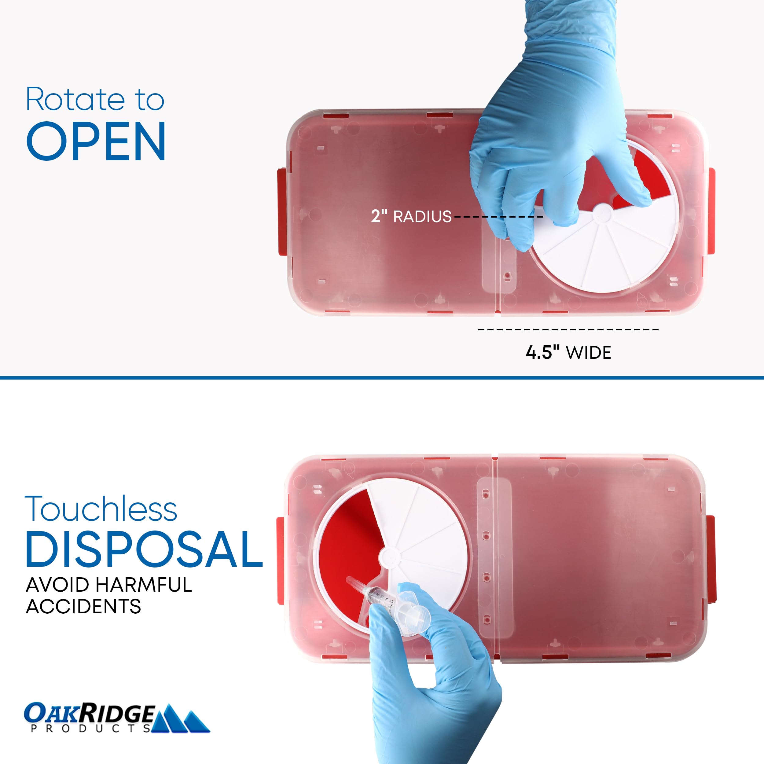 Oakridge sharps container with fold-back lid handles larger items securely.