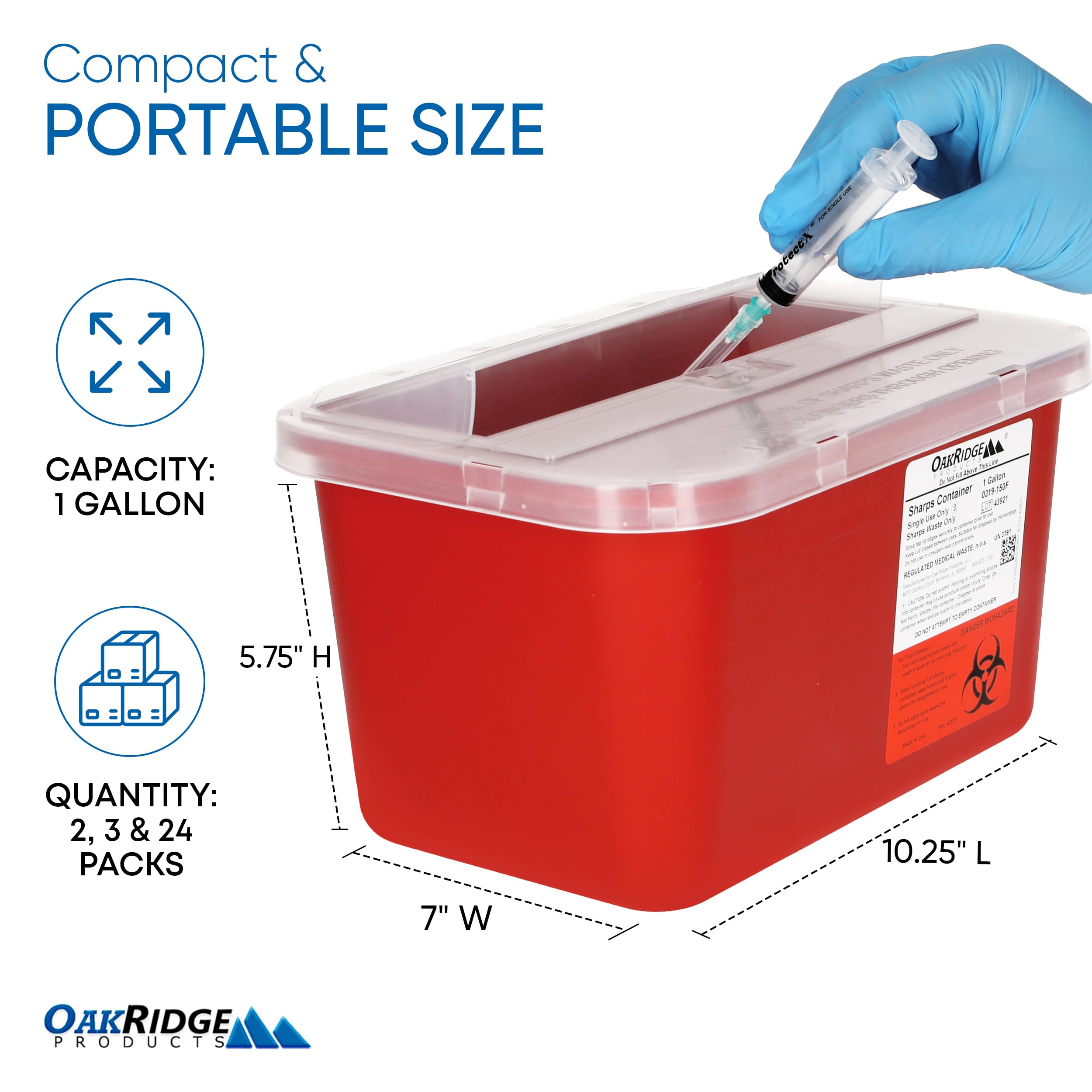 OakRidge sharps container featuring locking tab for secure final disposal.