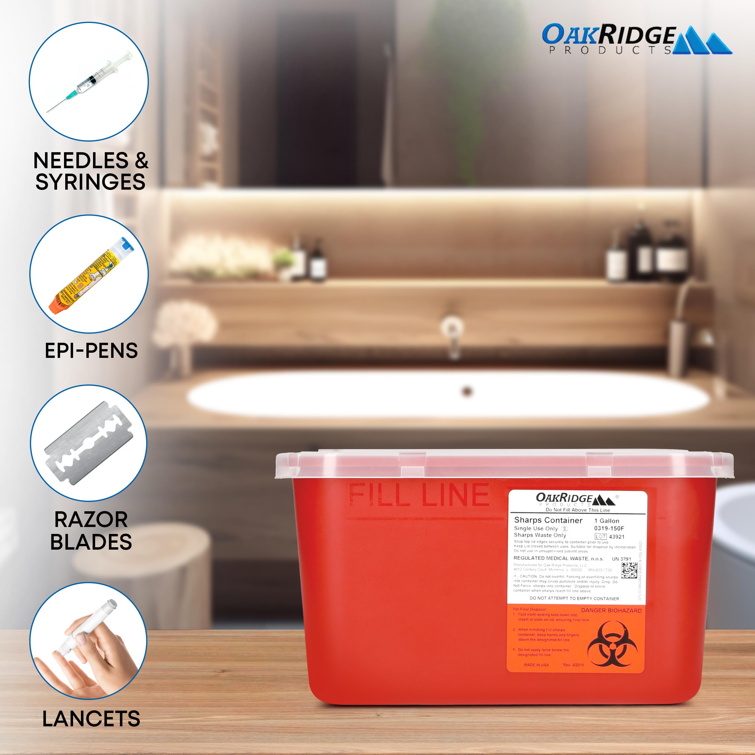 OakRidge sharps container withstands autoclave or incineration for disposal flexibility.