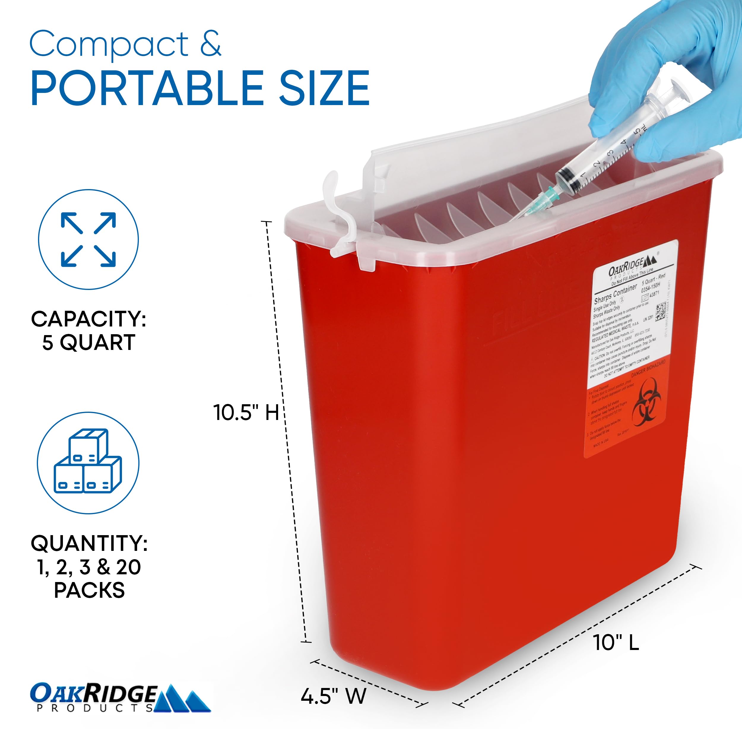 Oakridge Sharps Container translucent bucket shows fill level for proactive disposal planning.