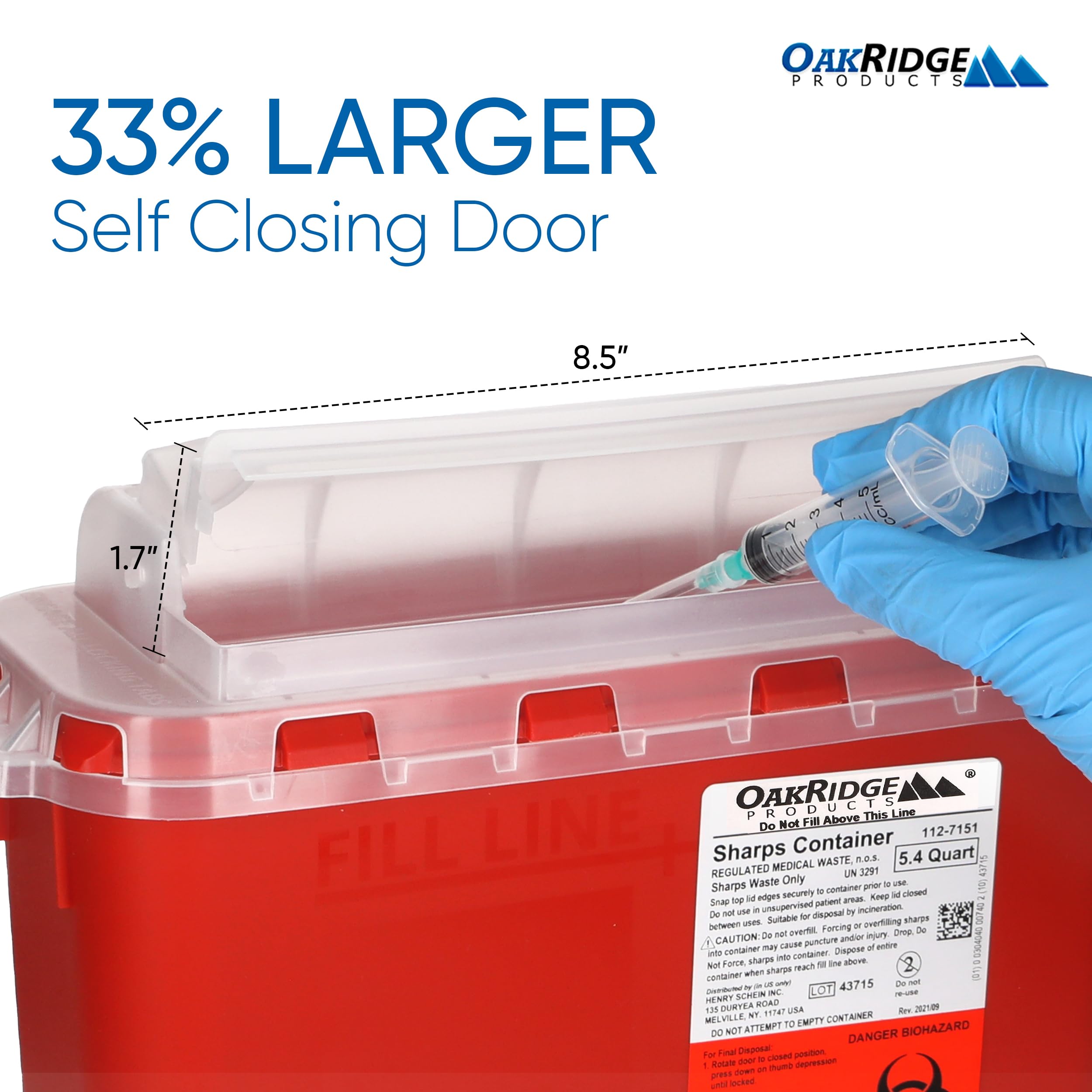 Oakridge Sharps Container translucent bucket allows visibility of fill level.
