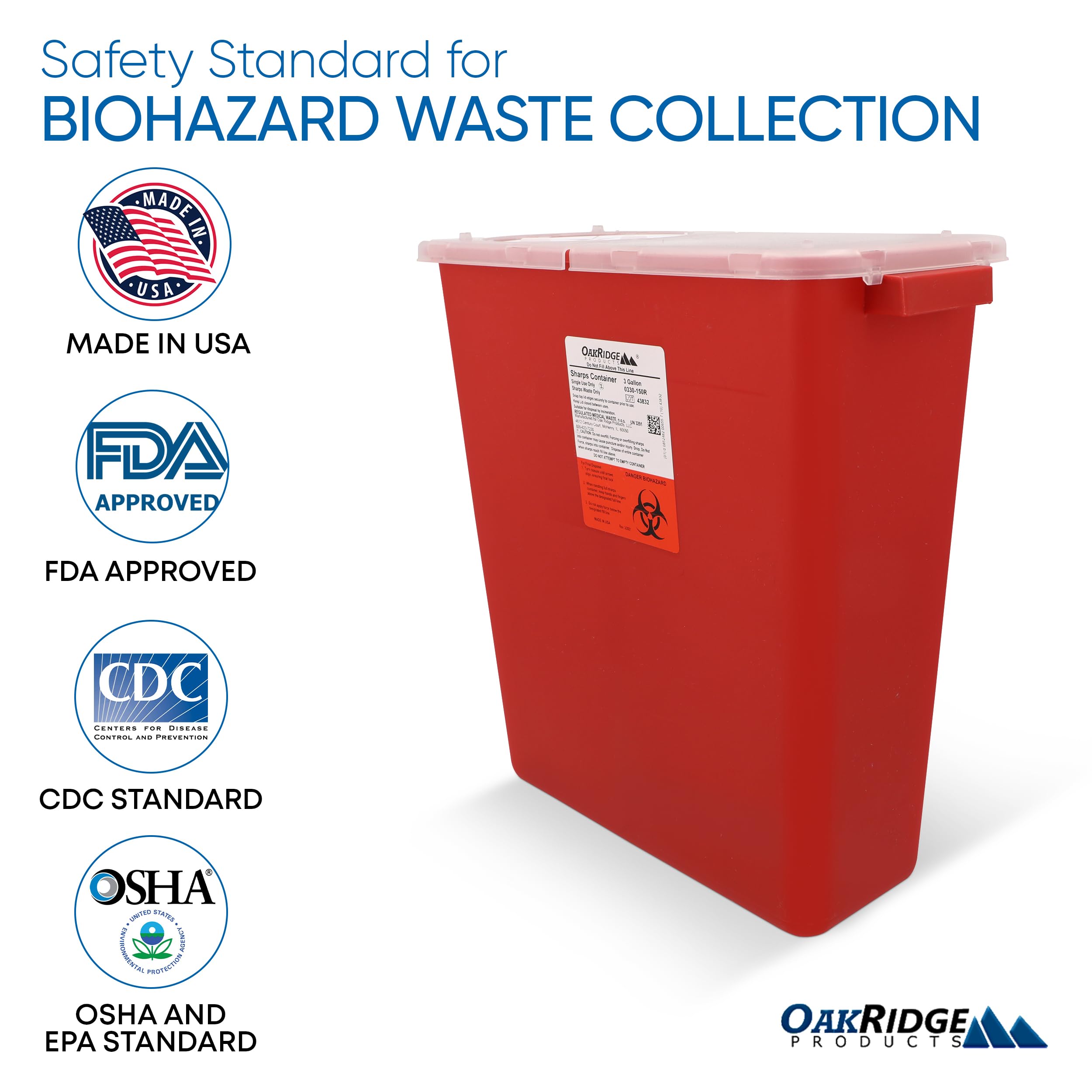 Oakridge USA MADE sharps container for trusted disposal in any setting.