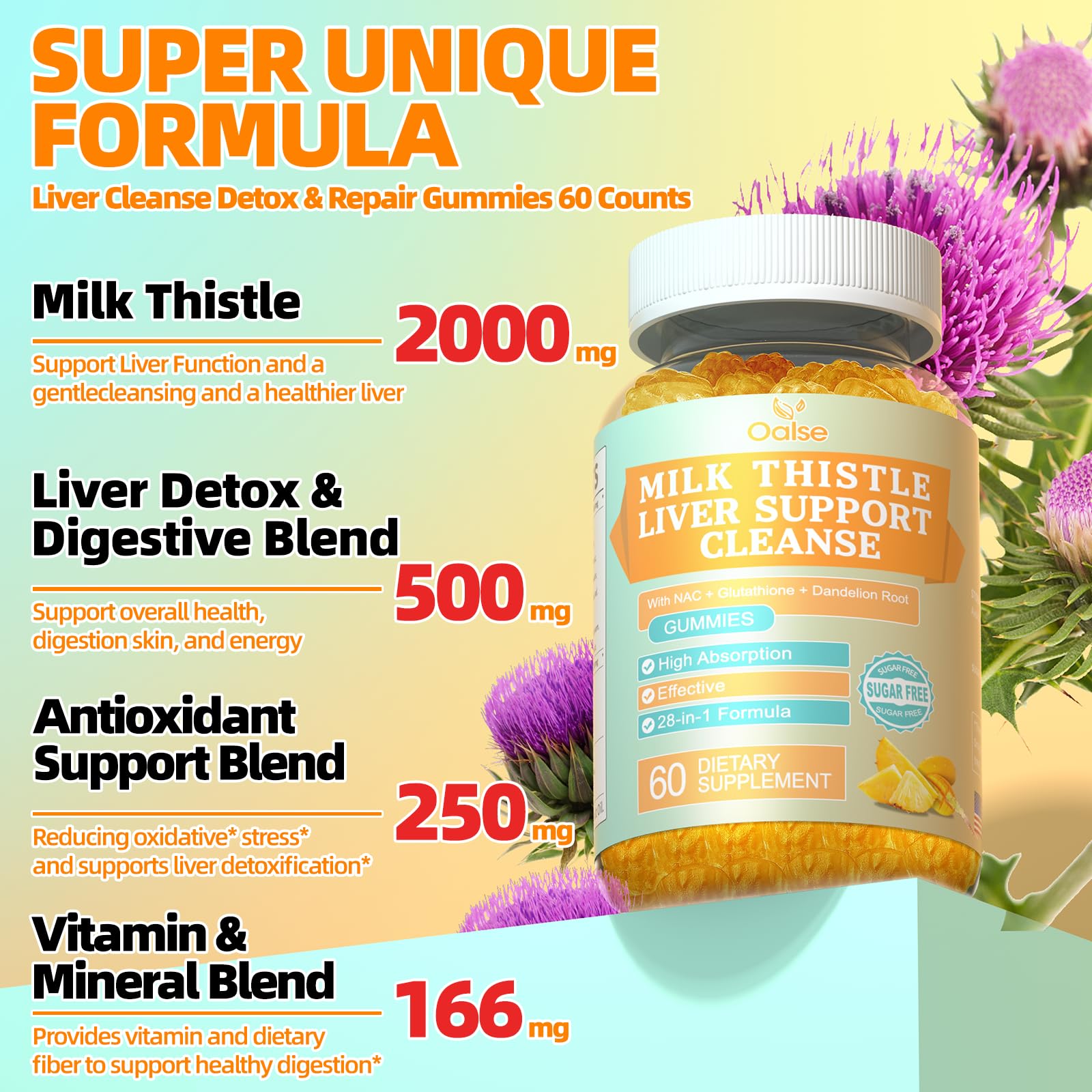 OALSE Milk Thistle Gummies close-up highlighting premium liver support in tasty form.