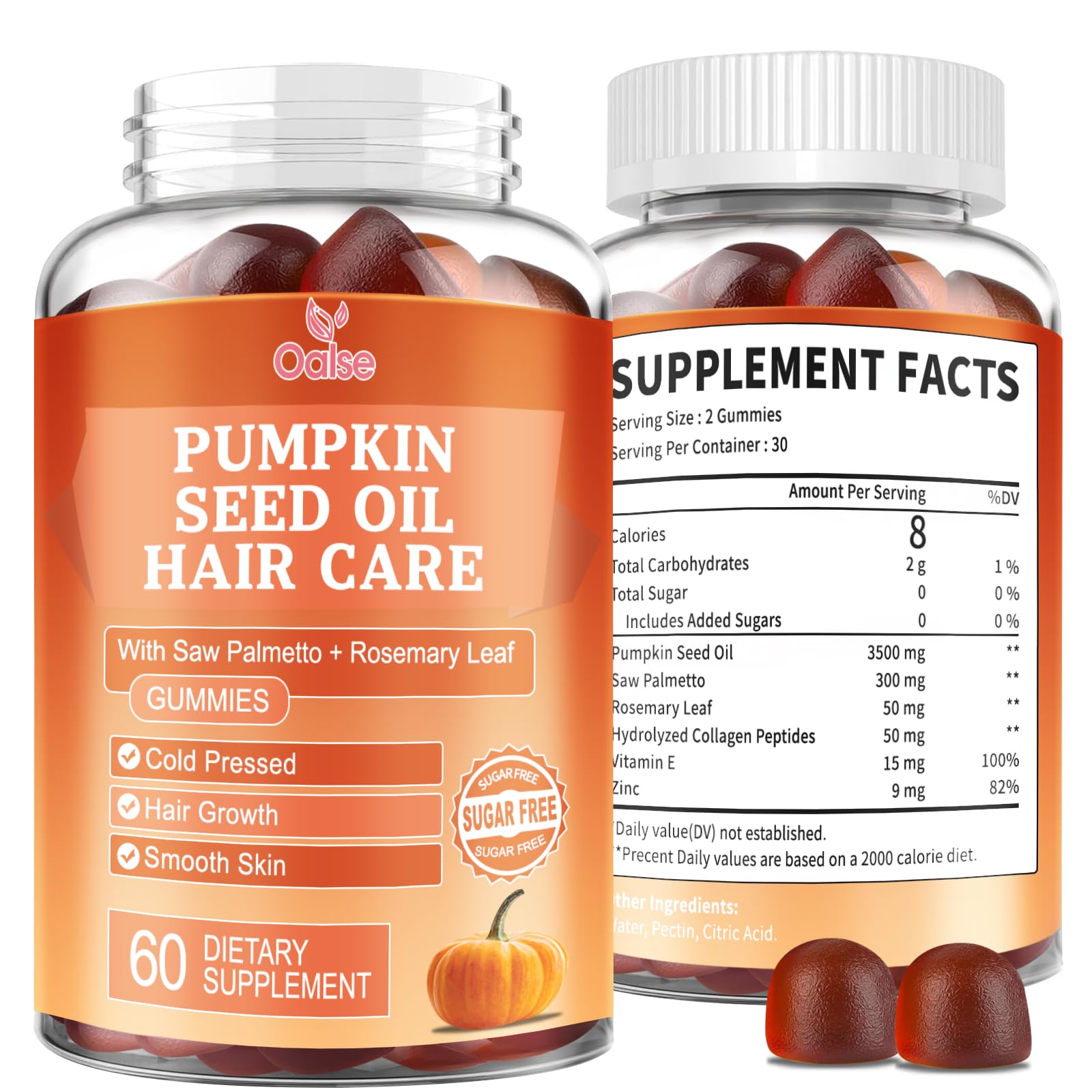 OALSE Pumpkin Seed Oil Gummies bottle showing vegan formula for hair and skin support.