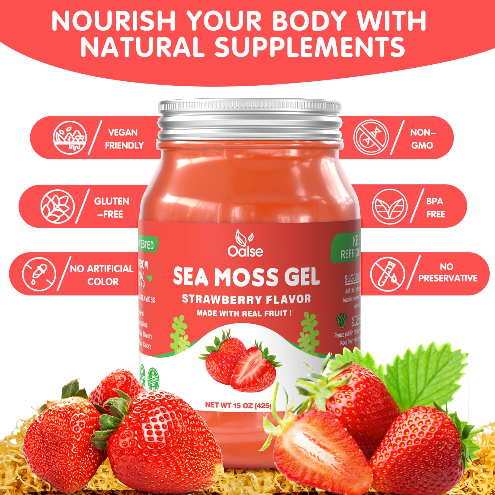 OALSE Sea Moss Gel strawberry label, fruity flavor for a tasty daily boost.