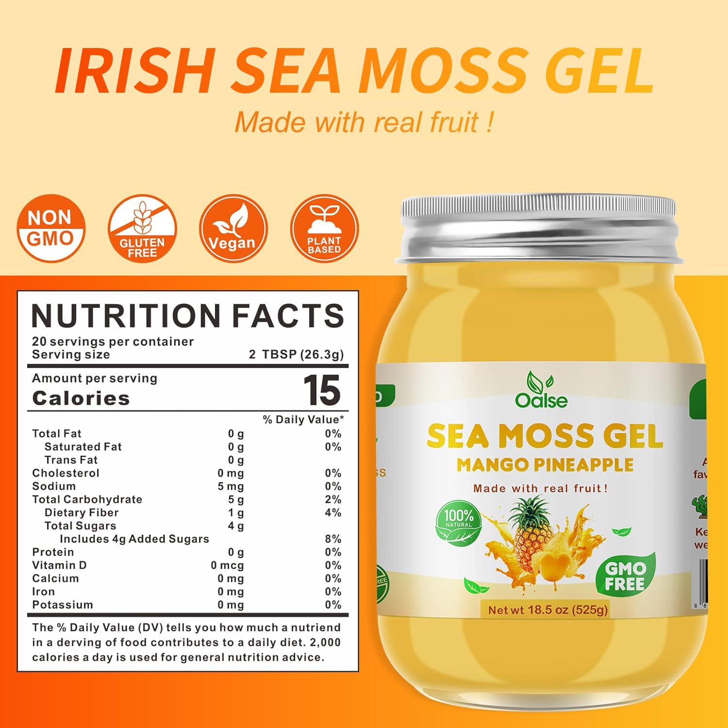 OALSE Sea Moss Gel label close-up highlighting minerals and natural goodness.