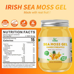 OALSE Sea Moss Gel label close-up highlighting minerals and natural goodness.