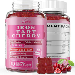 OALSE Tart Cherry Iron Gummies bottle highlights daily iron support in a flavorful format.