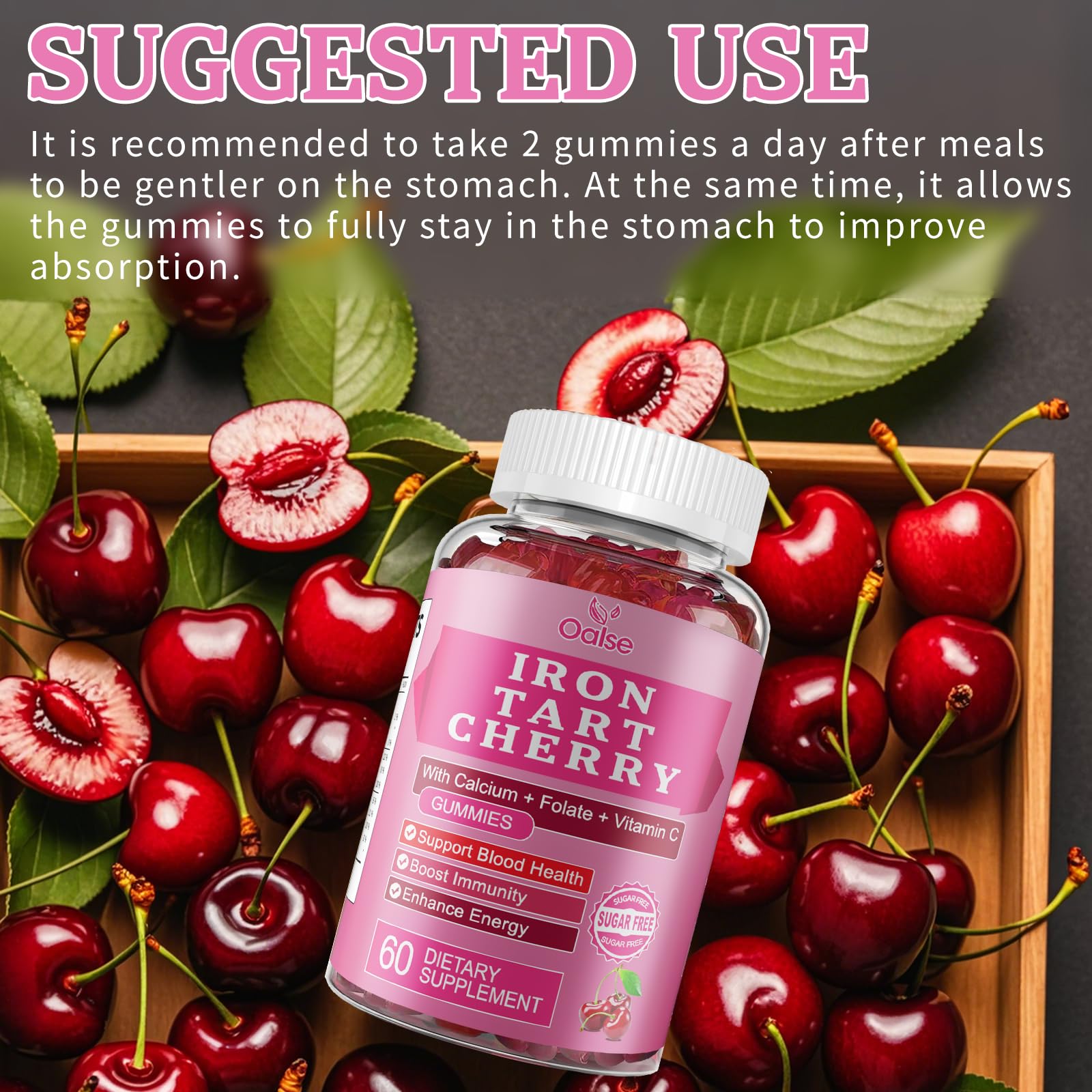 Cherry motif and color branding on OALSE image conveys flavor-forward supplement.