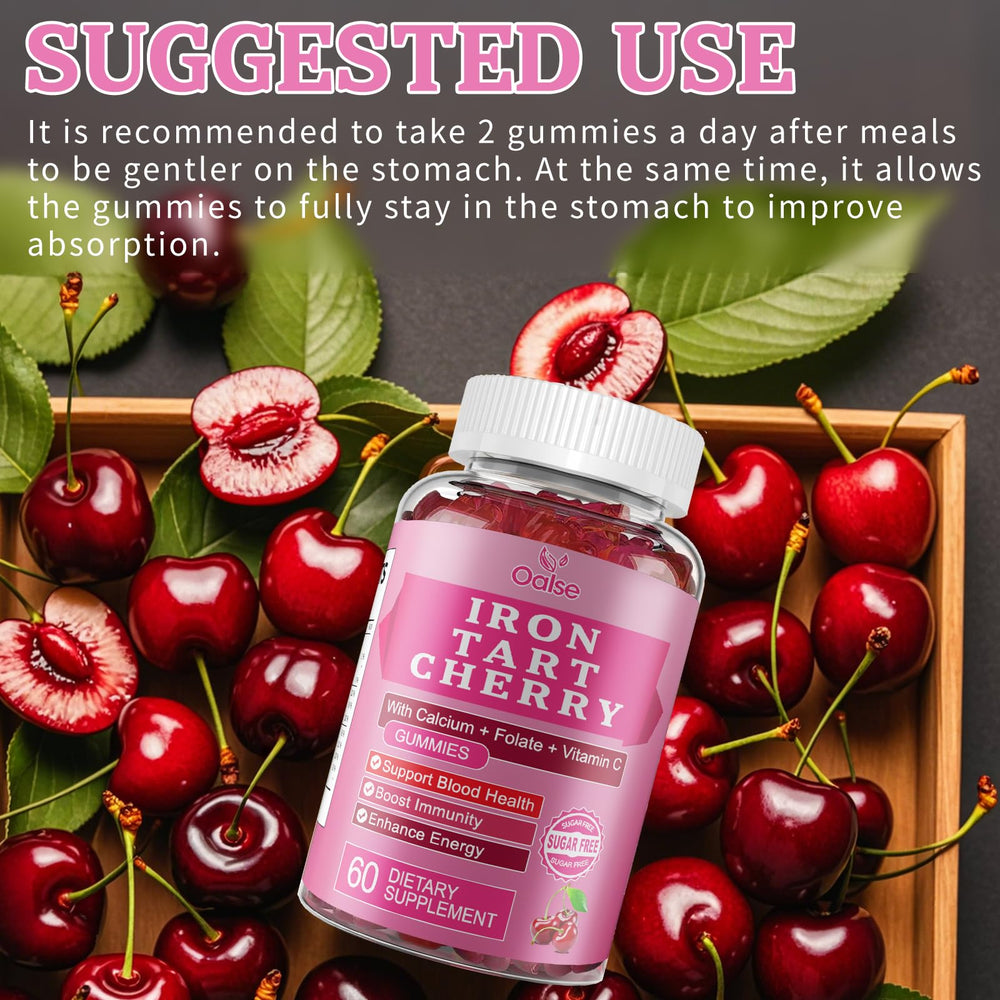 Cherry motif and color branding on OALSE image conveys flavor-forward supplement.