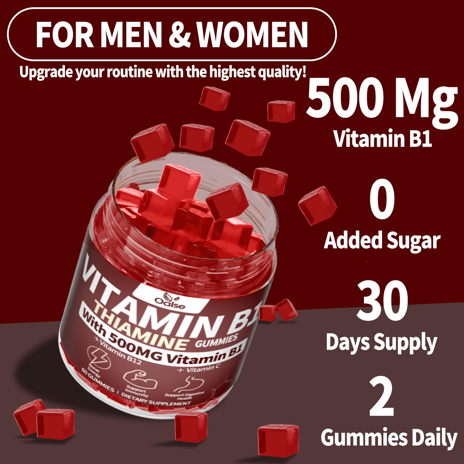 OALSE Thiamine B1 Gummies ingredients panel visible with B1, B12, C, D