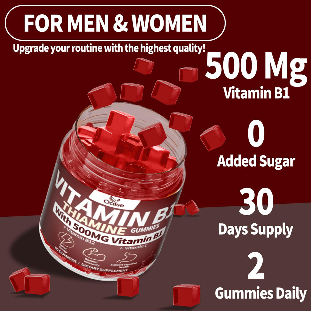 OALSE Thiamine B1 Gummies ingredients panel visible with B1, B12, C, D
