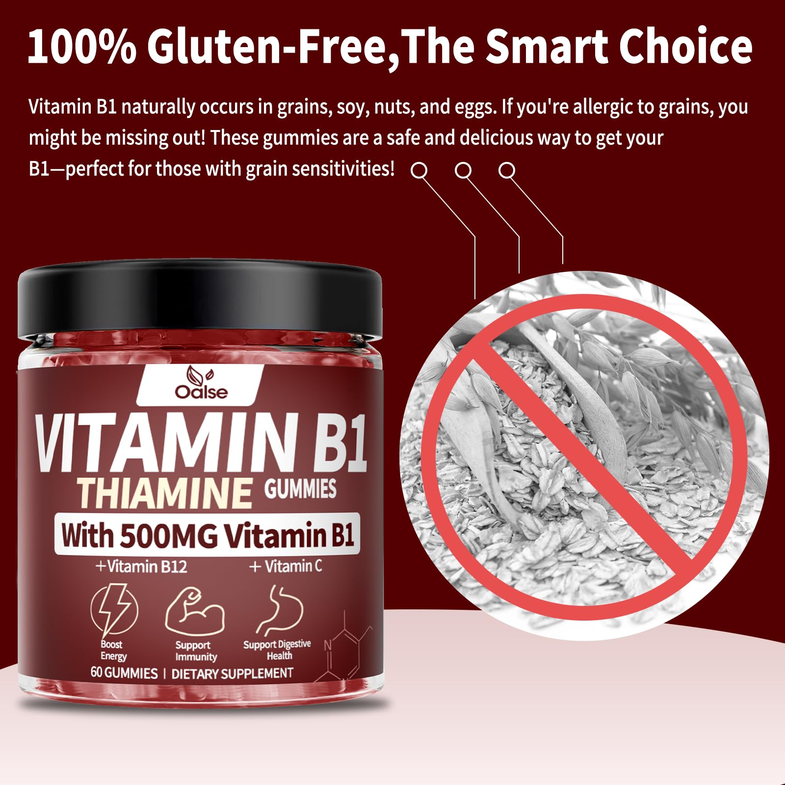 OALSE Thiamine B1 Gummies on countertop, two gummies daily dosage for routine