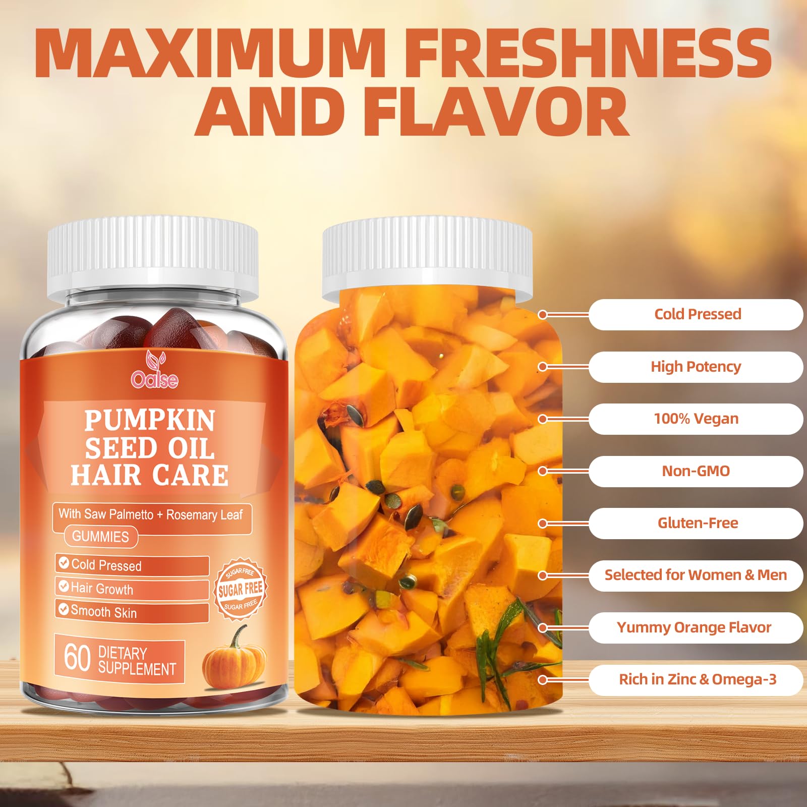 OALSE vegan, non-GMO, GMP-certified seals on packaging.