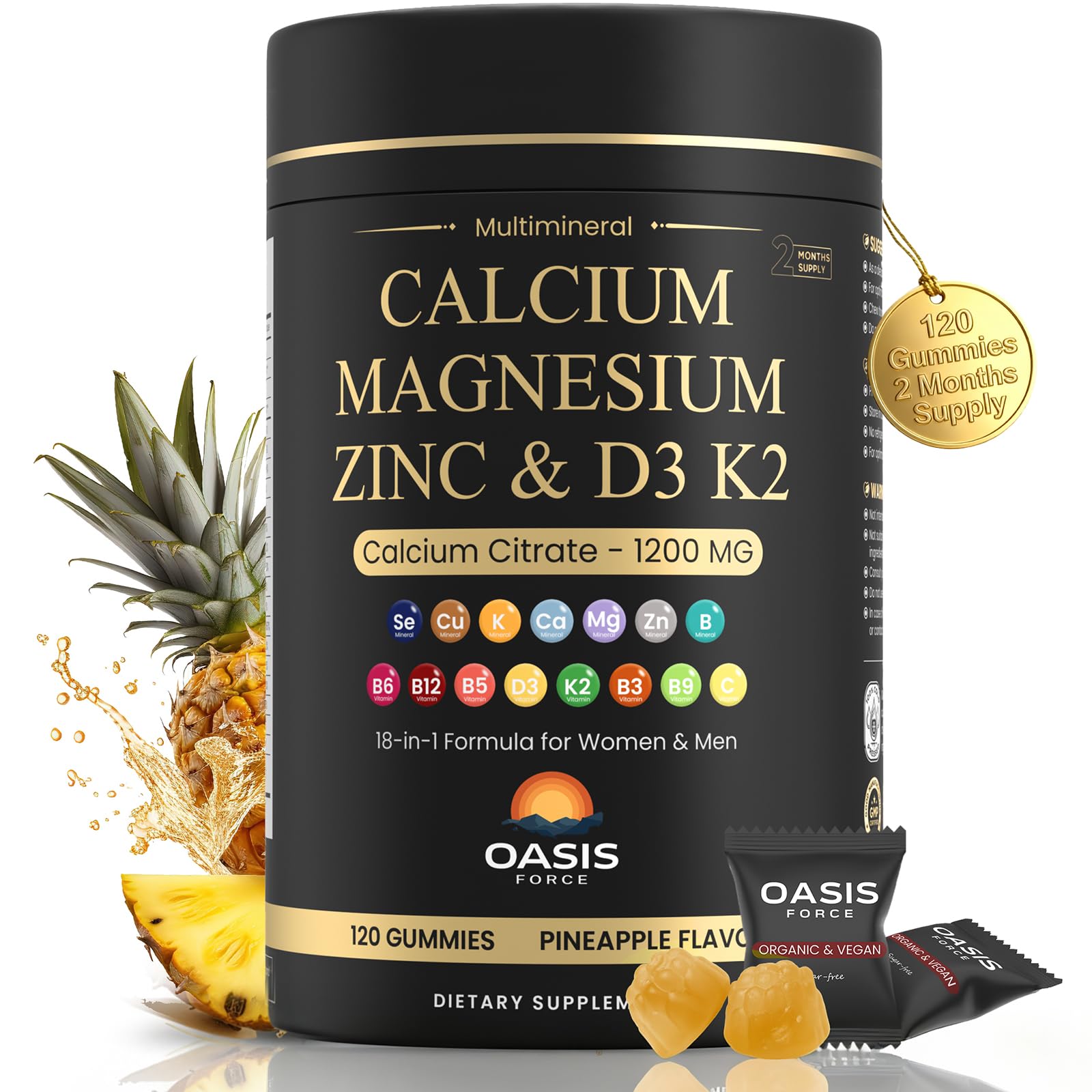 OASIS FORCE calcium gummies bottle with pineapple flavor for easy daily calcium
