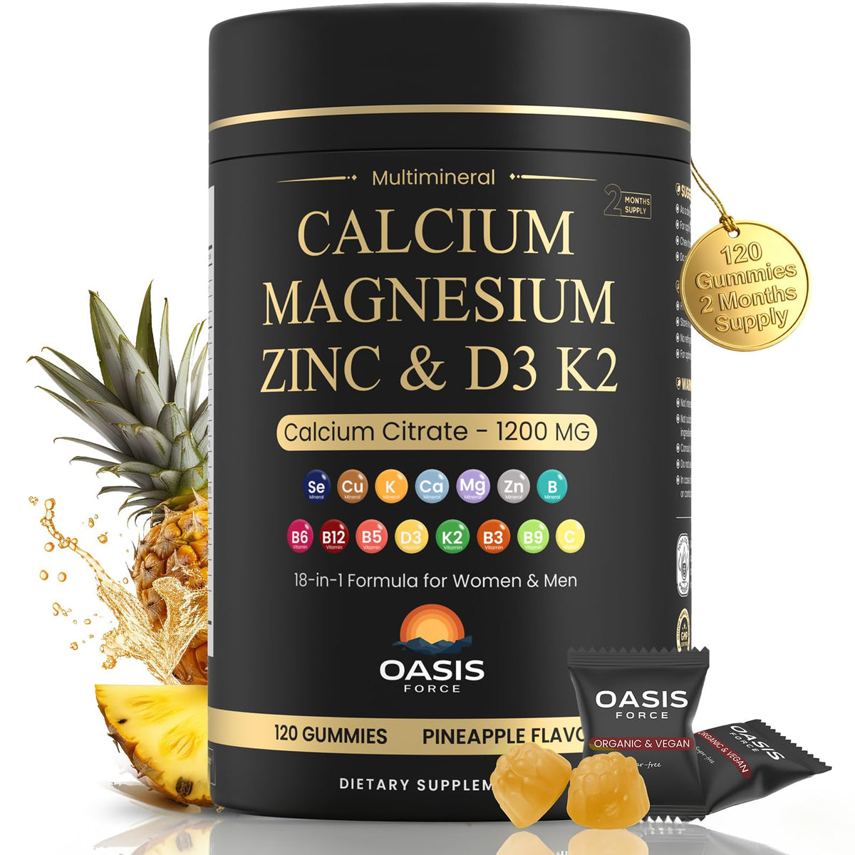 OASIS FORCE calcium gummies bottle with pineapple flavor for easy daily calcium