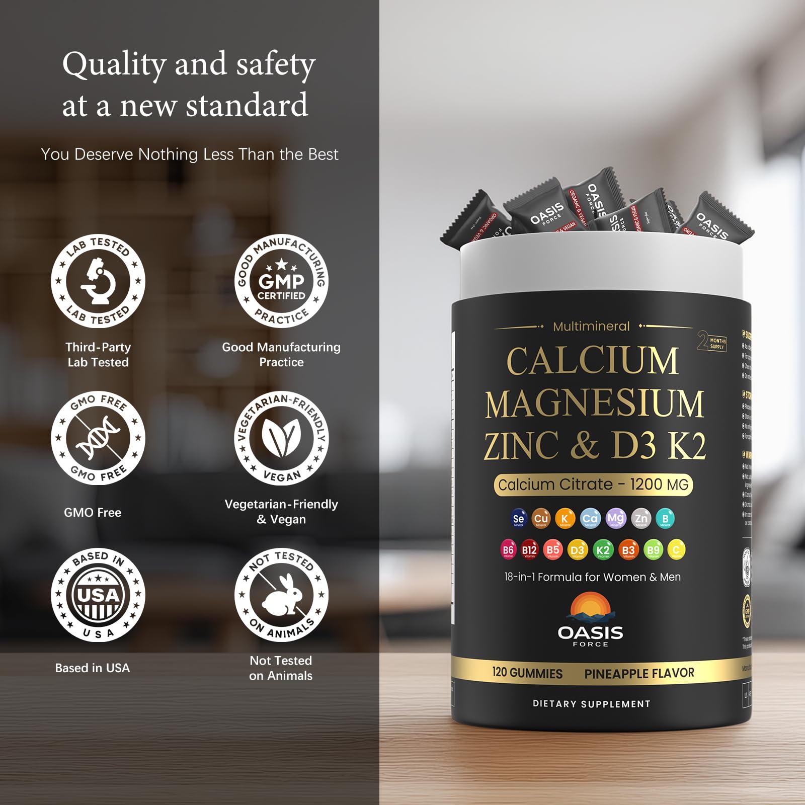 Nutrition label details on OASIS FORCE calcium gummies bottle