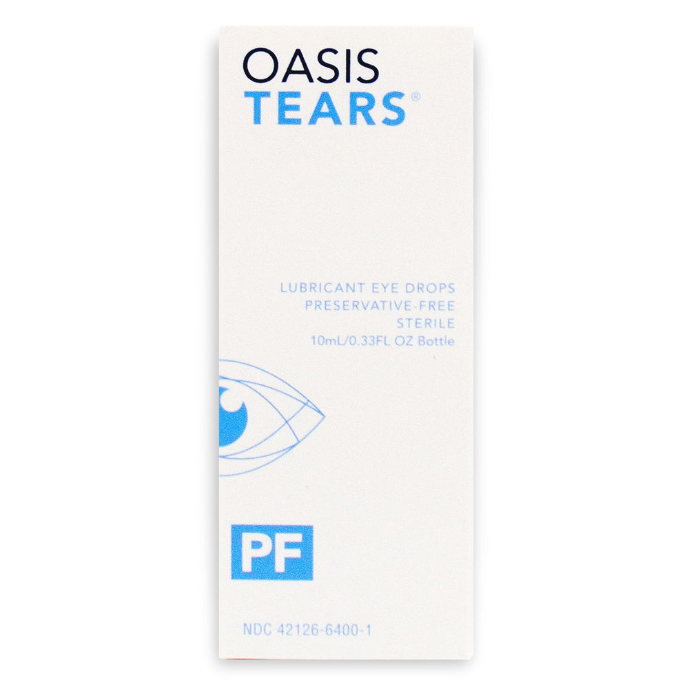 Oasis Tears OT6400 preservative-free label highlighting safe daily use.