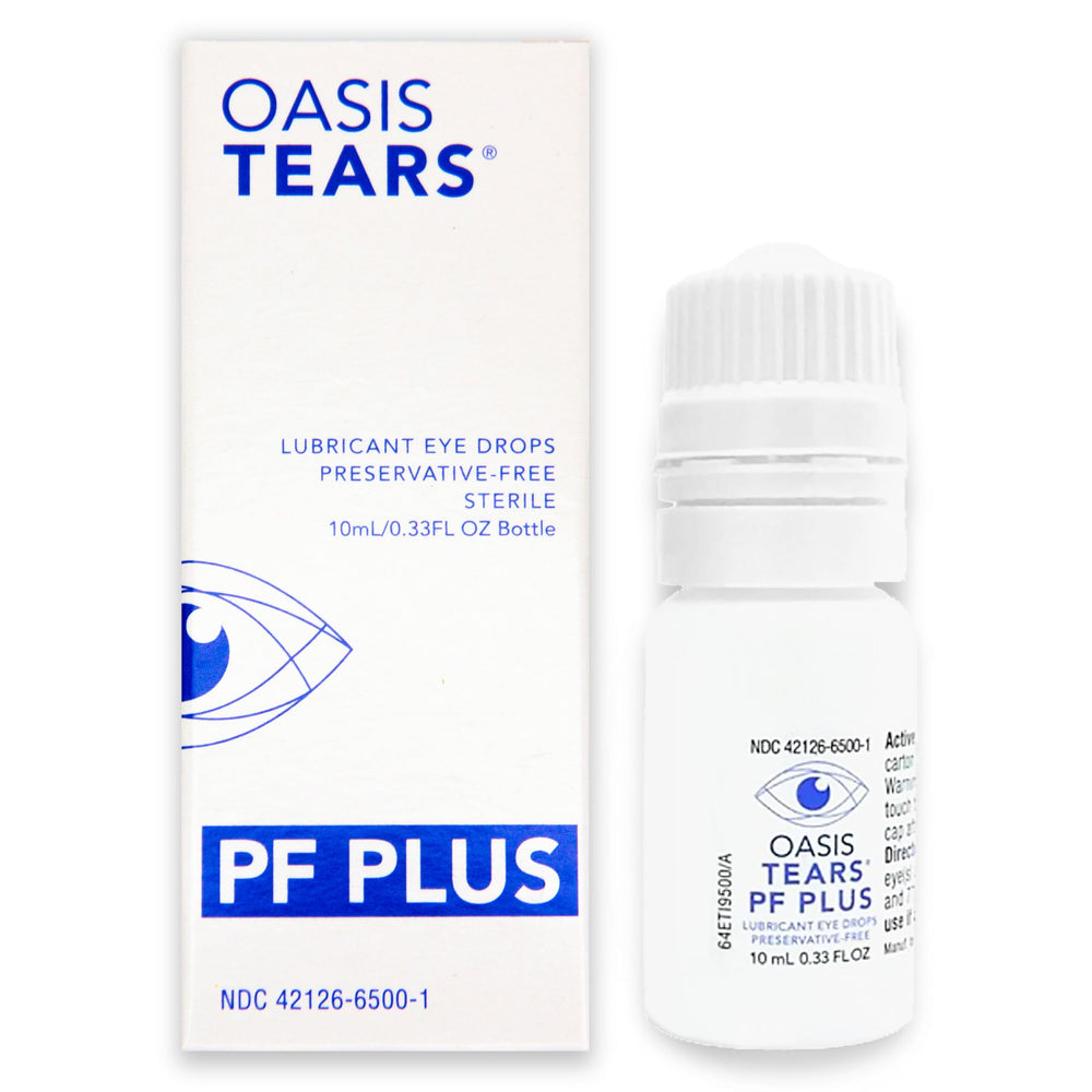 Oasis Tears OT6500 PF Plus bottle shown, delivering soothing moisture for dry eyes.