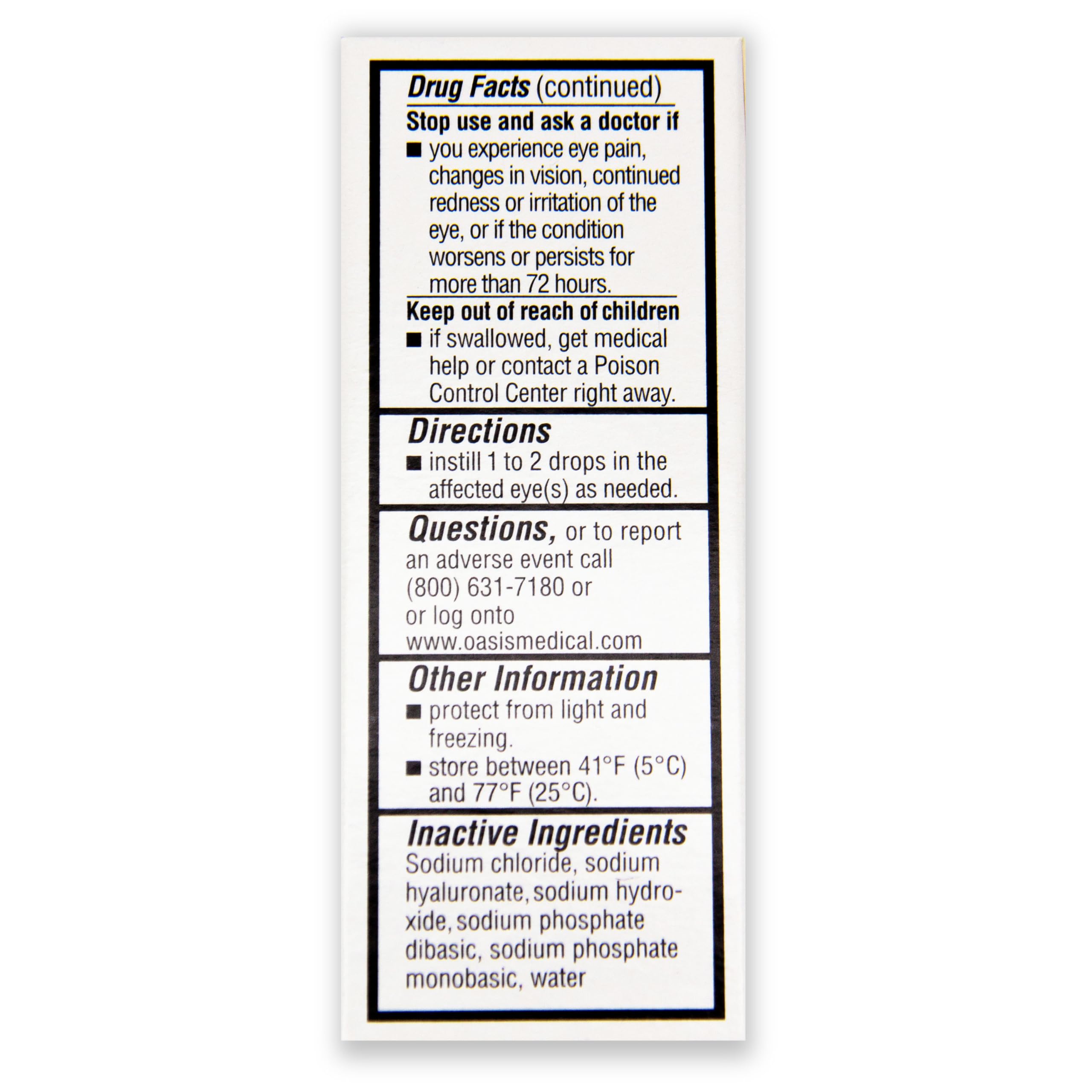 Oasis Tears packaging box conveys quality and preservative-free formulation.