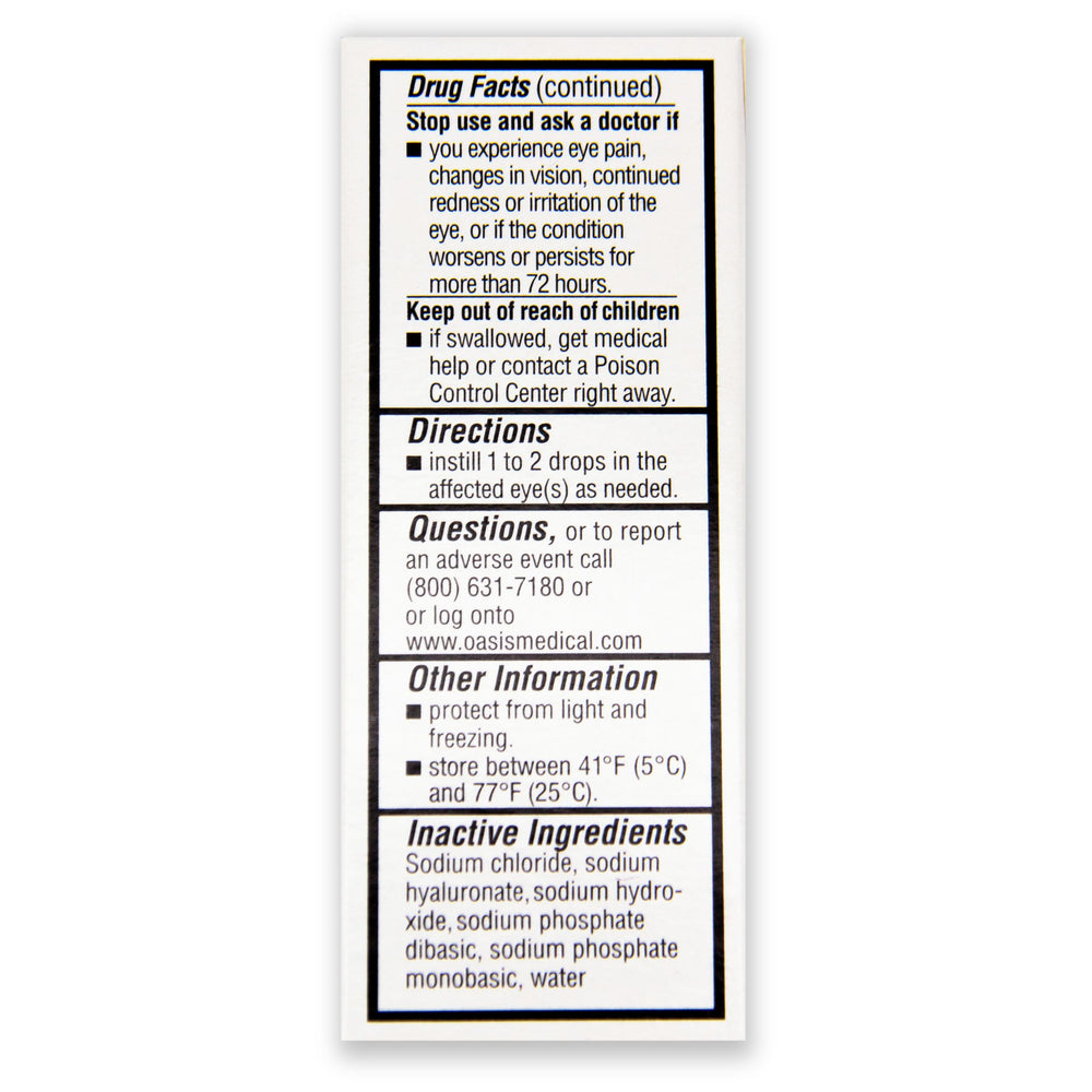 Oasis Tears packaging box conveys quality and preservative-free formulation.