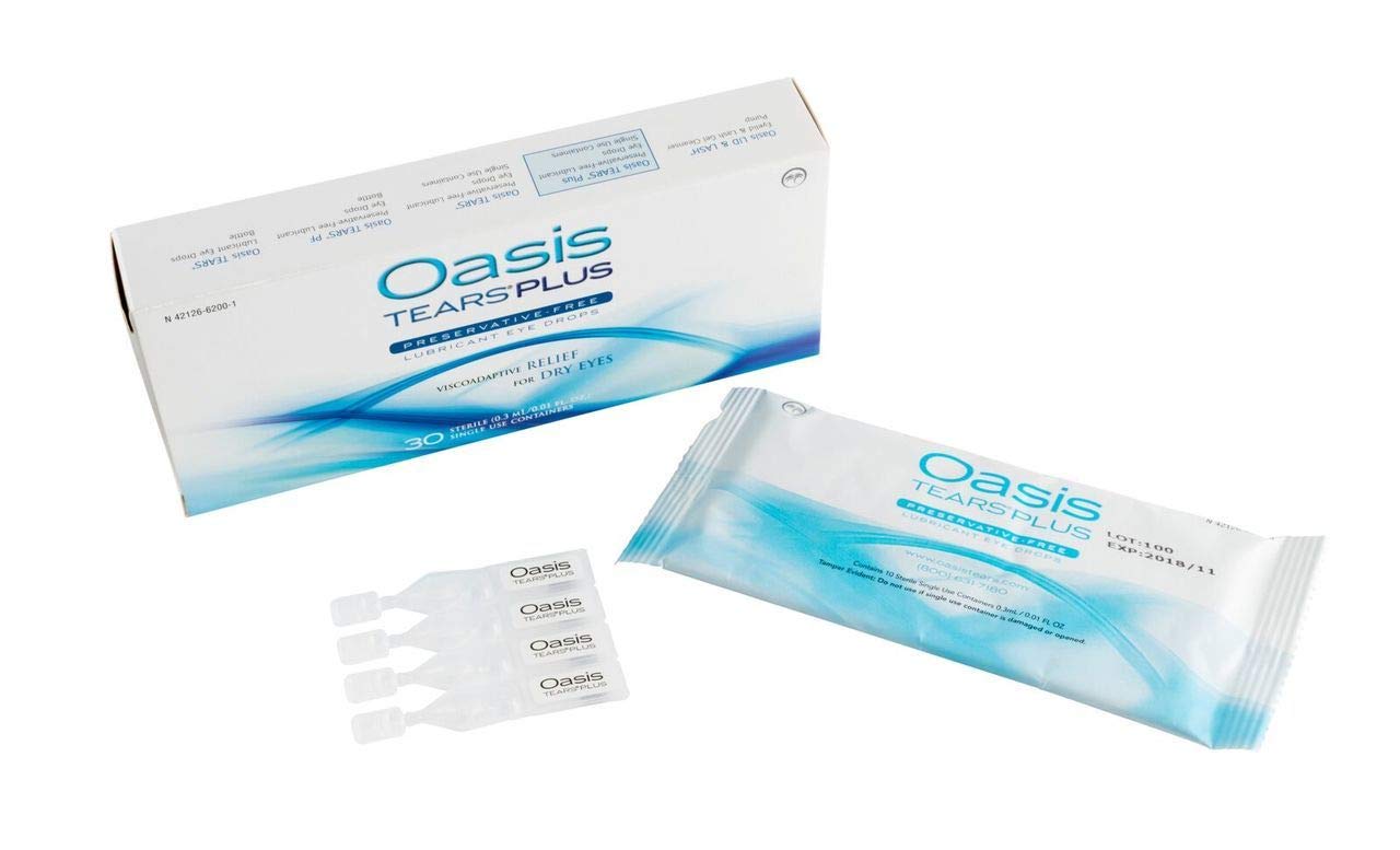 Oasis TEARS PLUS box showing 30 preservative-free eye drop containers for daily use.