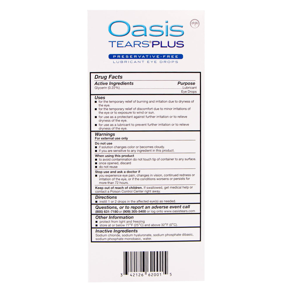Oasis Tears Plus pack contains two 30-dose single-use containers for on-the-go use.