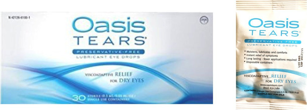 Oasis Tears preservative-free eye drops 30-vial box provide daily moisture.