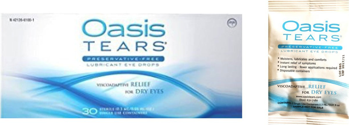 Oasis Tears preservative-free eye drops 30-vial box provide daily moisture.