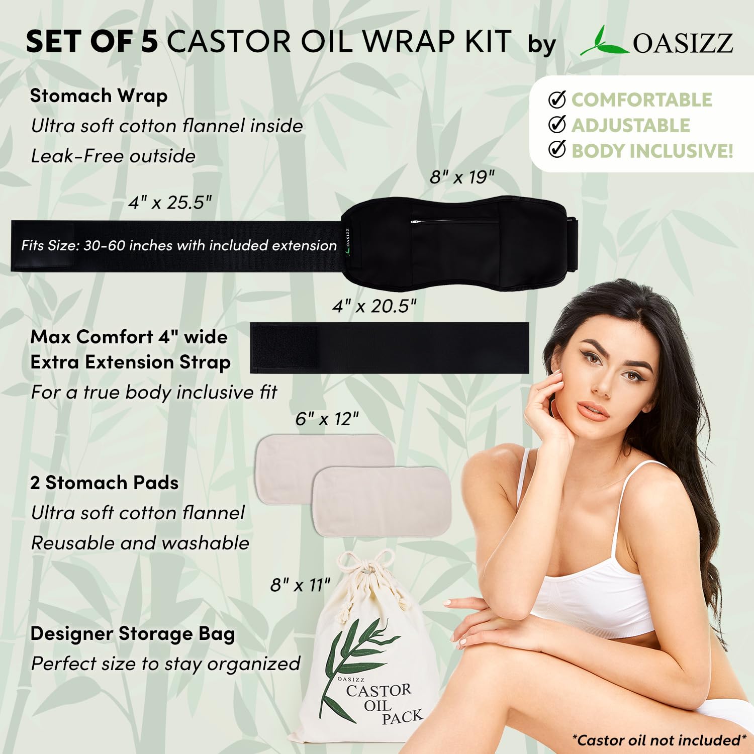 OASIZZ cotton pads for gentle castor oil application on the abdomen.