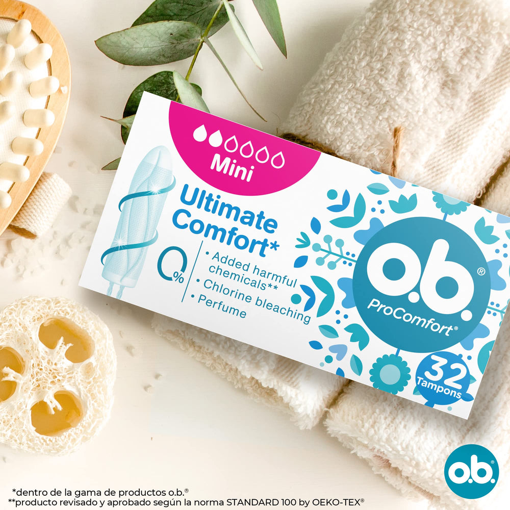 o.b. ProComfort mini tampons with 100% plant-based core for safe absorption