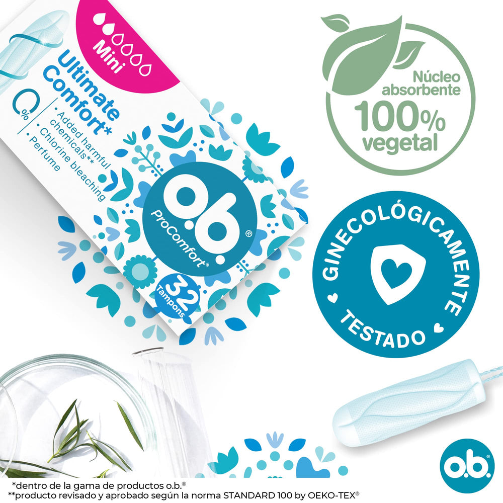 o.b. ProComfort mini tampons featuring SilkTouch coverage for smooth insertion