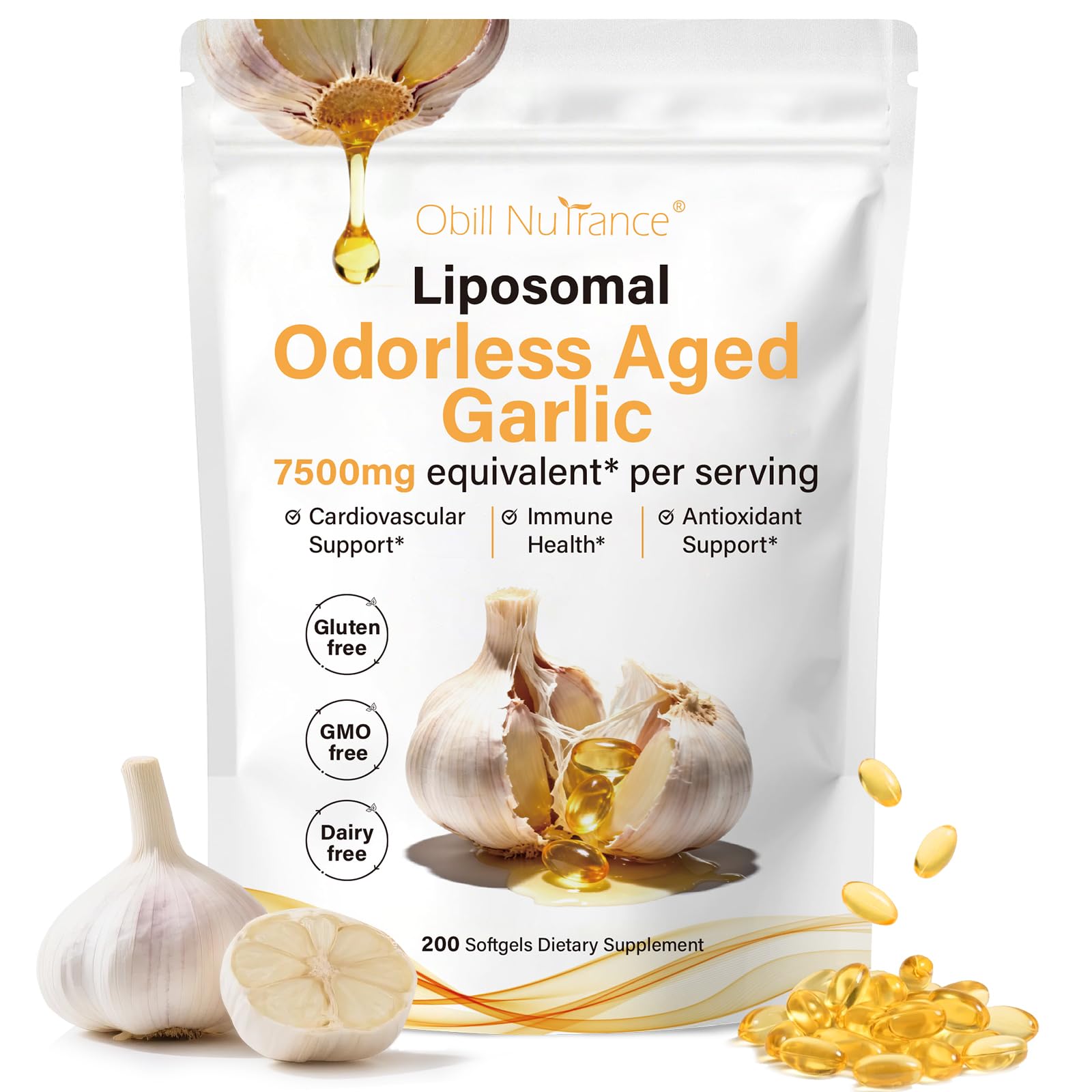 Obill NuTrance odorless garlic softgels bottle with daily immune support