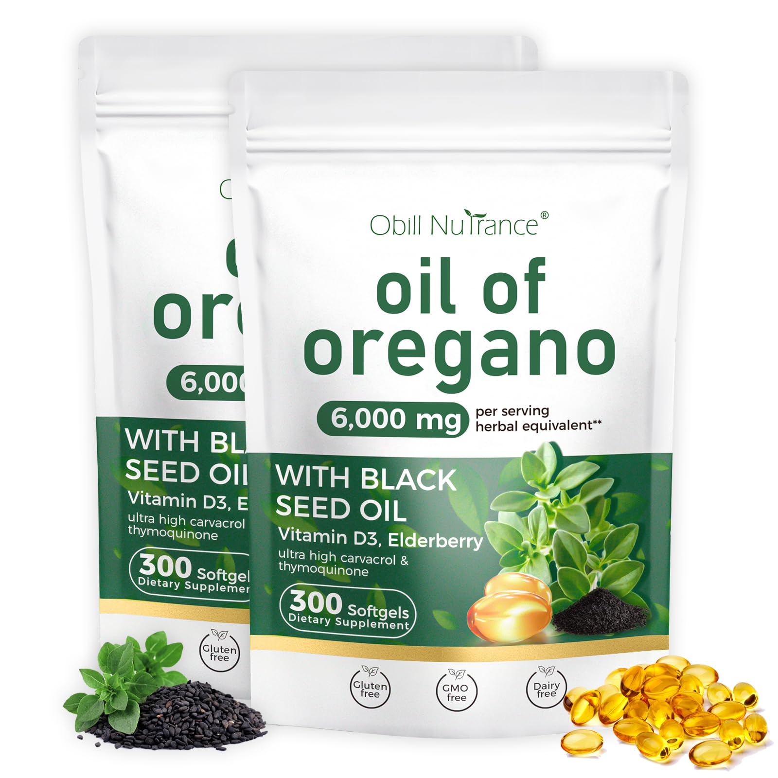 Obill NuTrance oregano and black seed softgels bottle for immune support.