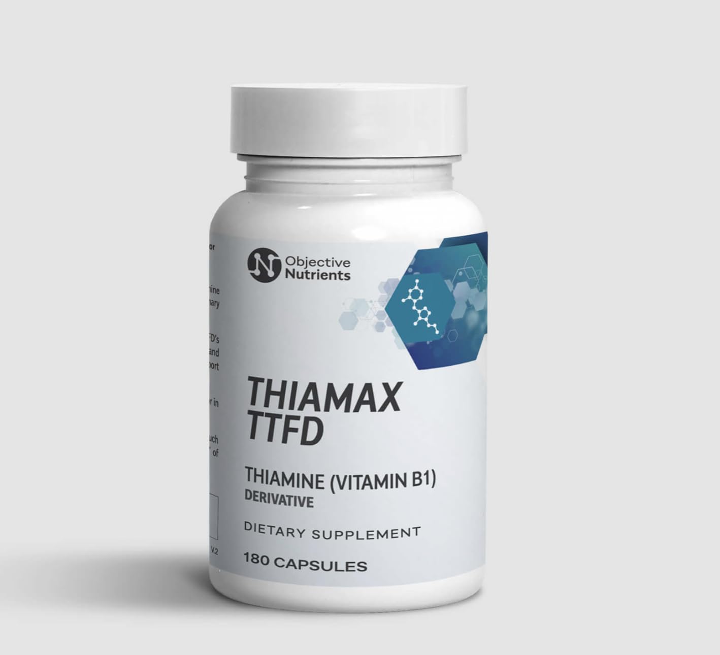 Objective Nutrients Thiamax bottle pour shows easy-to-swallow capsules for daily energy support.