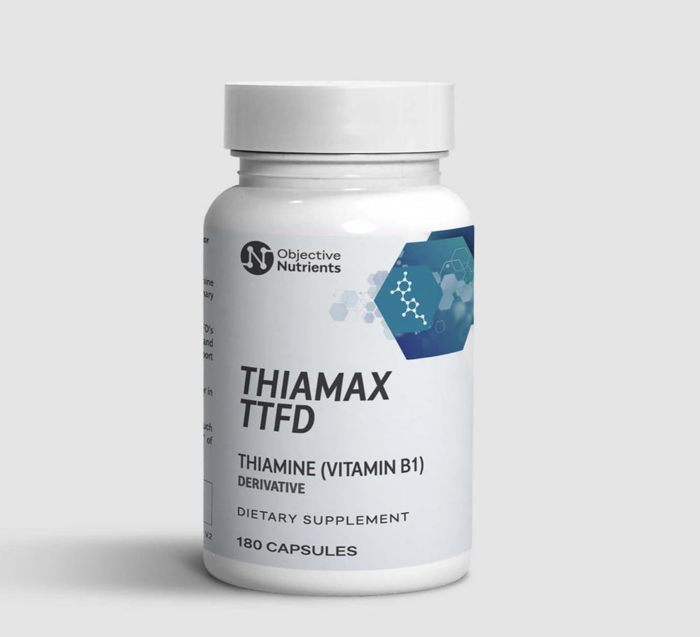 Objective Nutrients Thiamax bottle pour shows easy-to-swallow capsules for daily energy support.