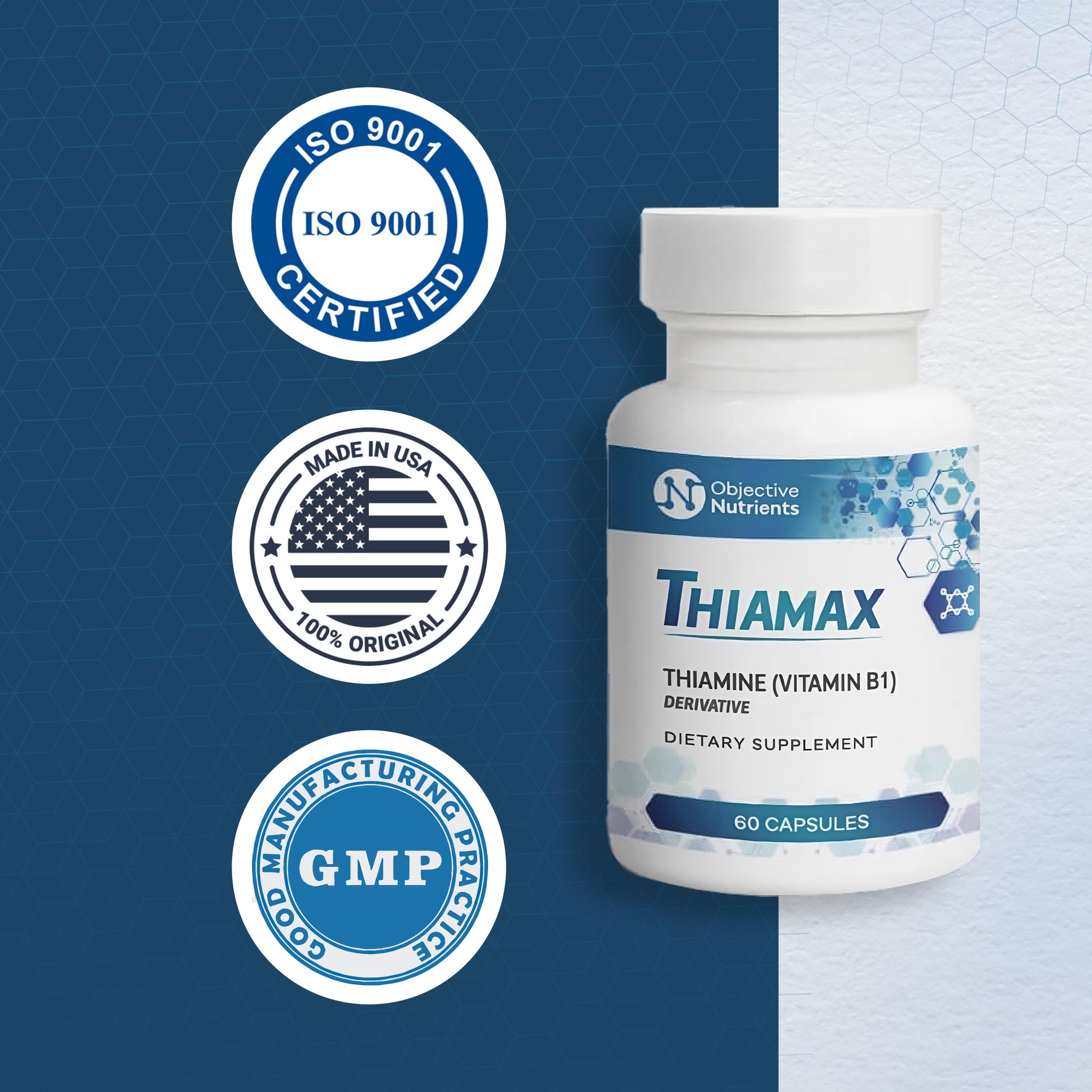 Objective Nutrients Thiamax packaging illustrating US-made production standards