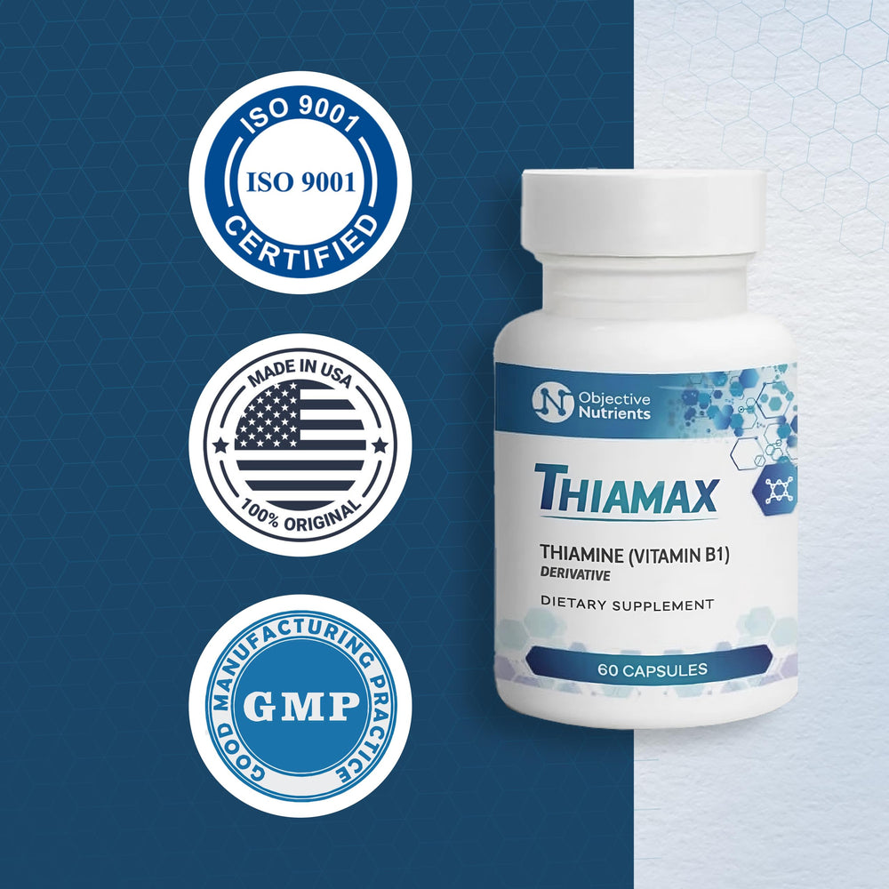Objective Nutrients Thiamax packaging illustrating US-made production standards