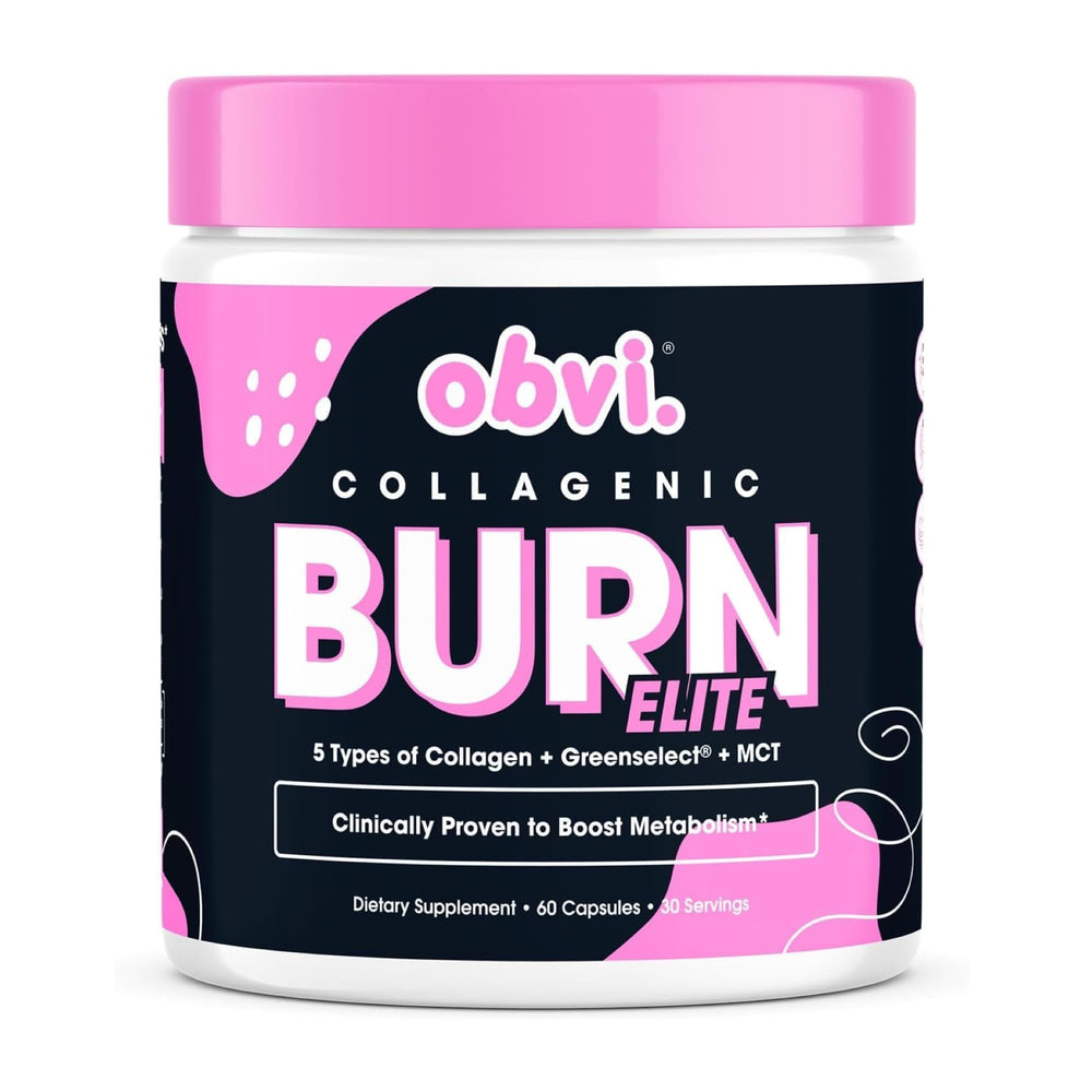 Obvi Burn Elite bottle displaying capsules, supporting metabolism and daily energy.