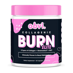 Obvi Burn Elite bottle displaying capsules, supporting metabolism and daily energy.