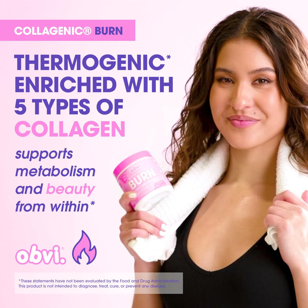 Obvi Collagenic Burn ingredients label showing collagen types and green tea extract for daily health support.