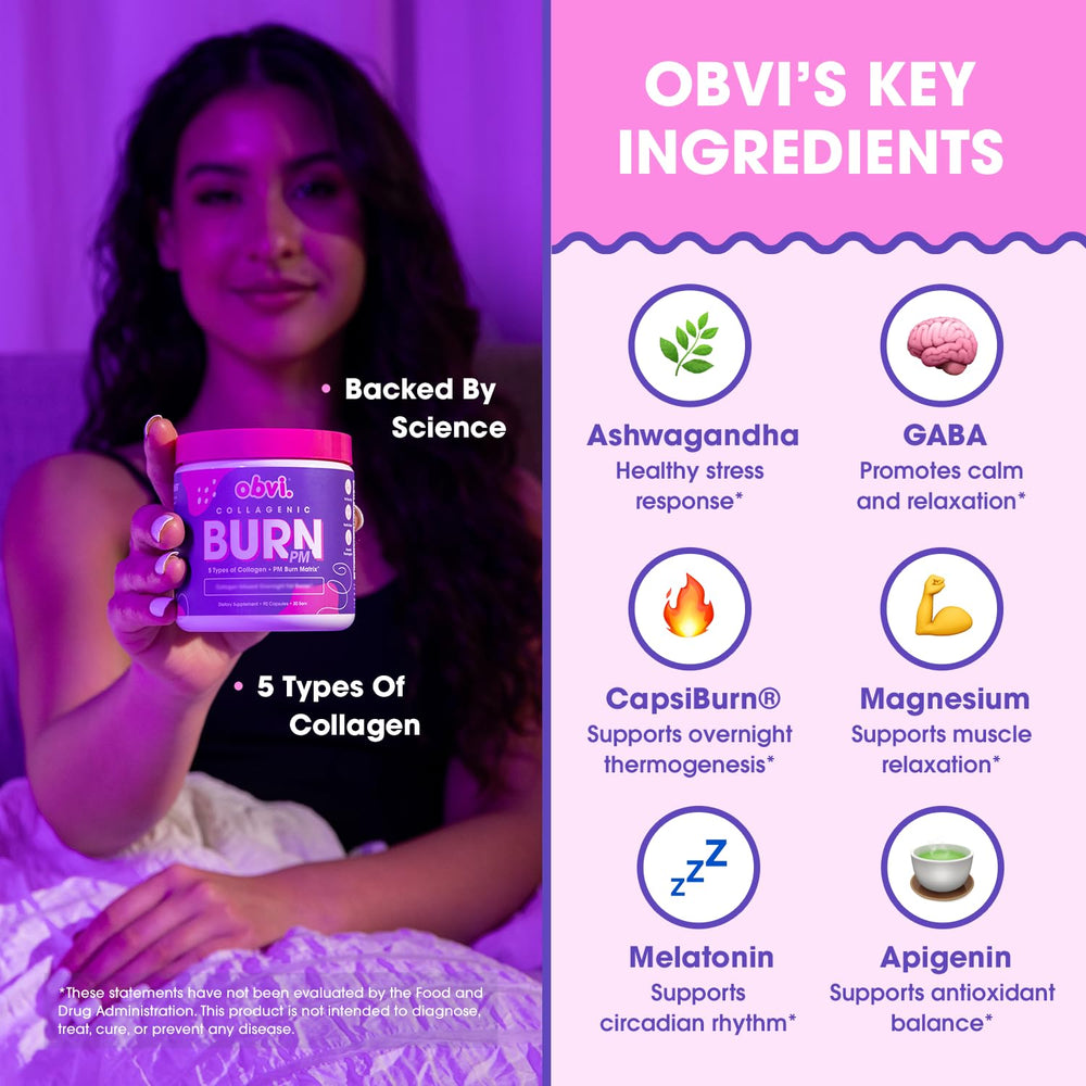 Obvi Collagenic Burn PM featuring Ashwagandha, GABA, and melatonin visible.