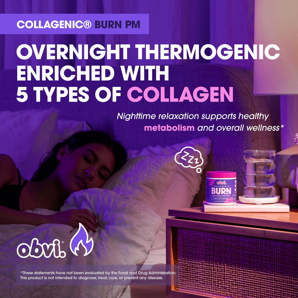 Obvi Collagenic Burn PM capsules inside container highlighting convenient nightly dose.