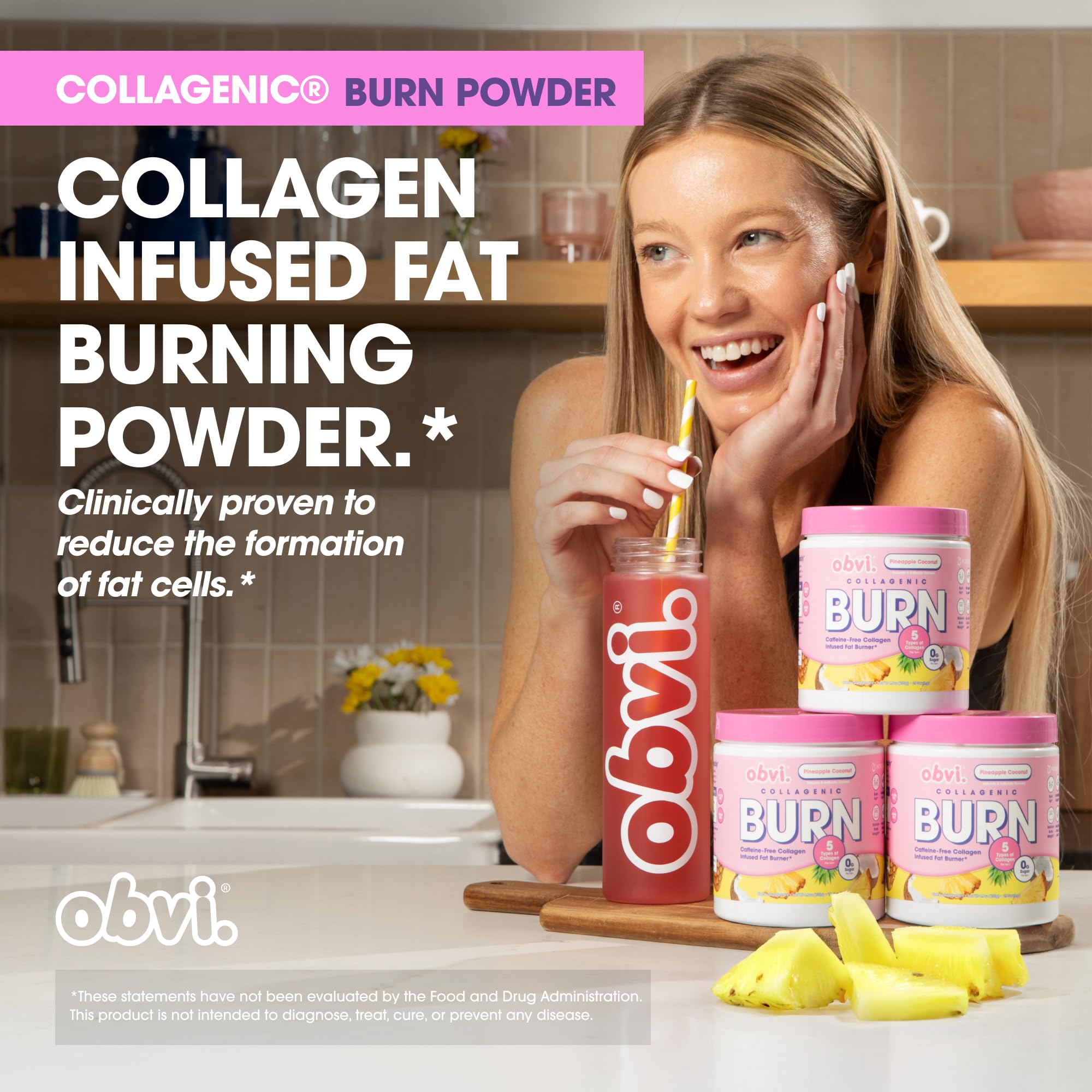 Obvi Collagenic Burn Powder dissolving in water for a quick zero-sugar drink.