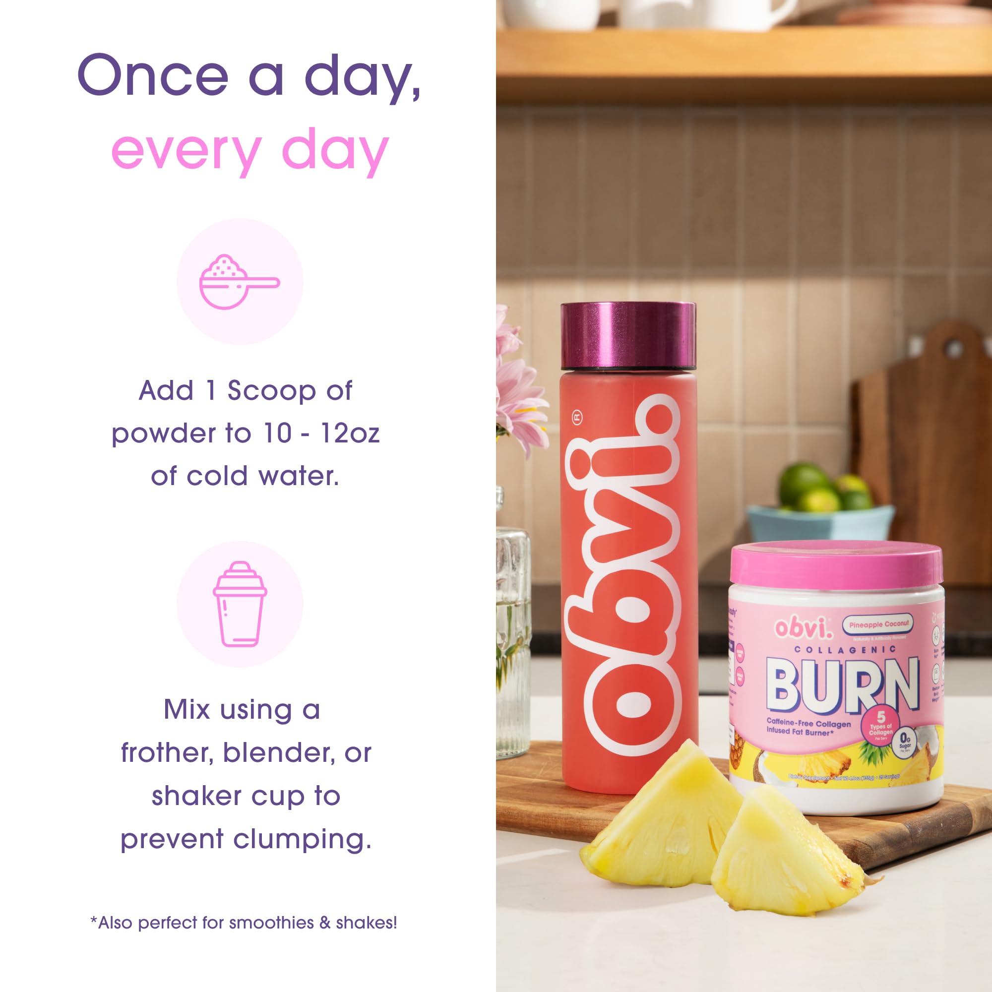 Obvi Collagenic Burn Powder blended into a smoothie for a nourishing boost.