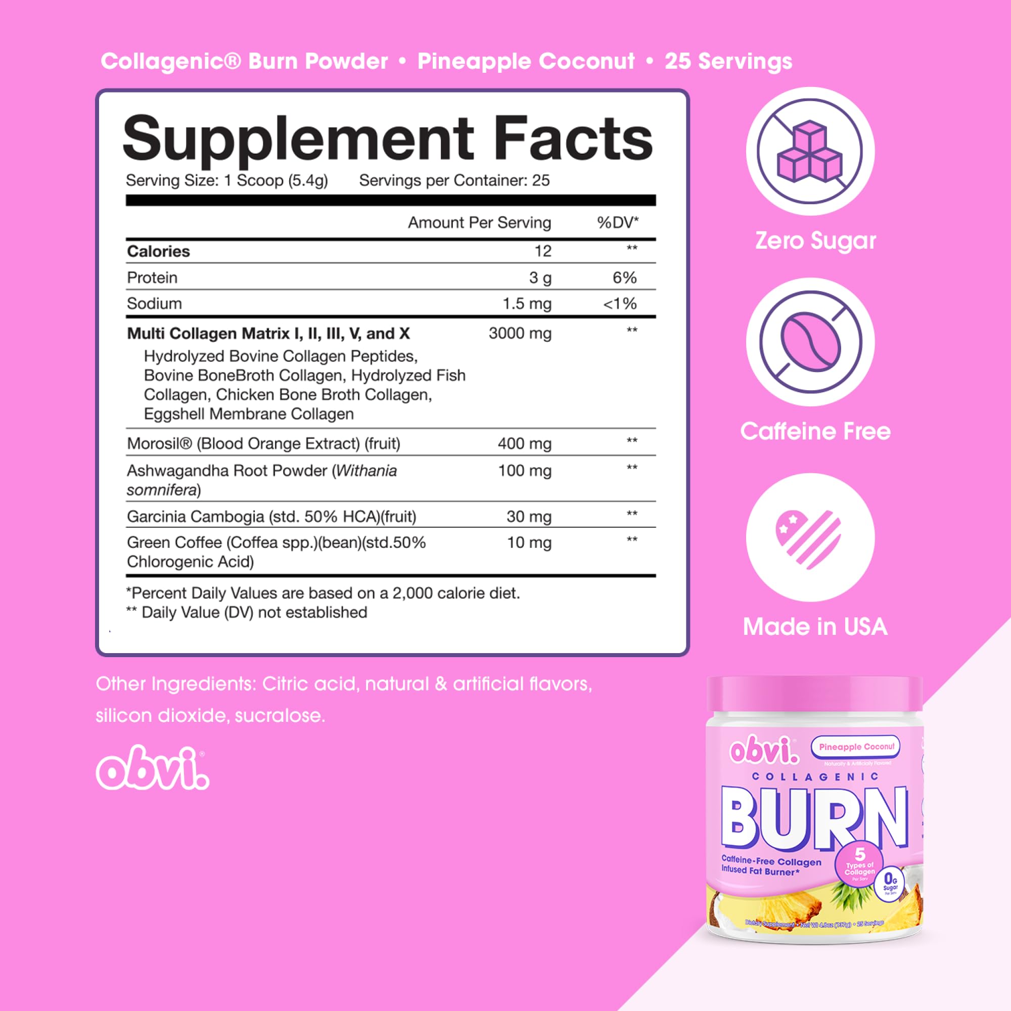 Obvi Collagenic Burn Powder tub label highlighting a five-collagen blend.