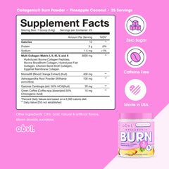 Obvi Collagenic Burn Powder tub label highlighting a five-collagen blend.