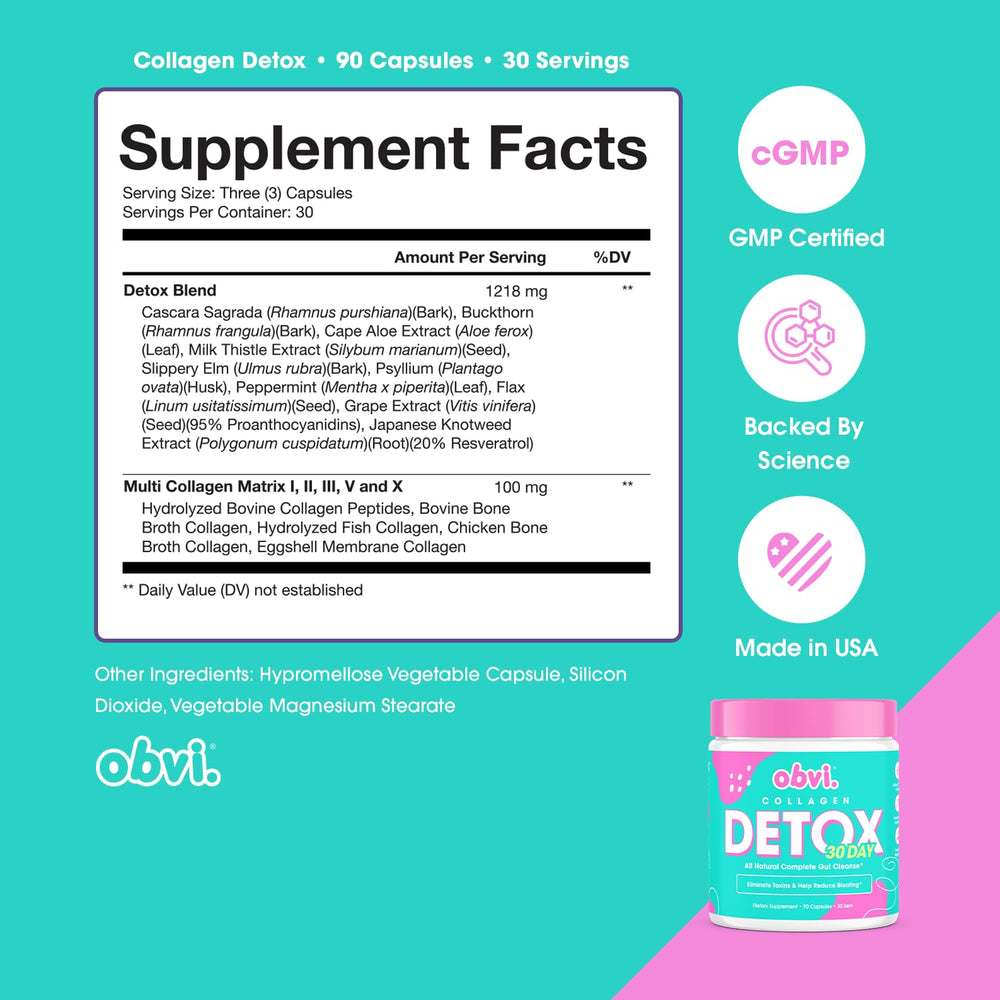 Obvi Detox bottle side view with label highlighting usage.