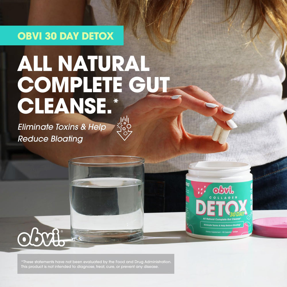 Obvi Detox dosage card illustrating three capsules per day.