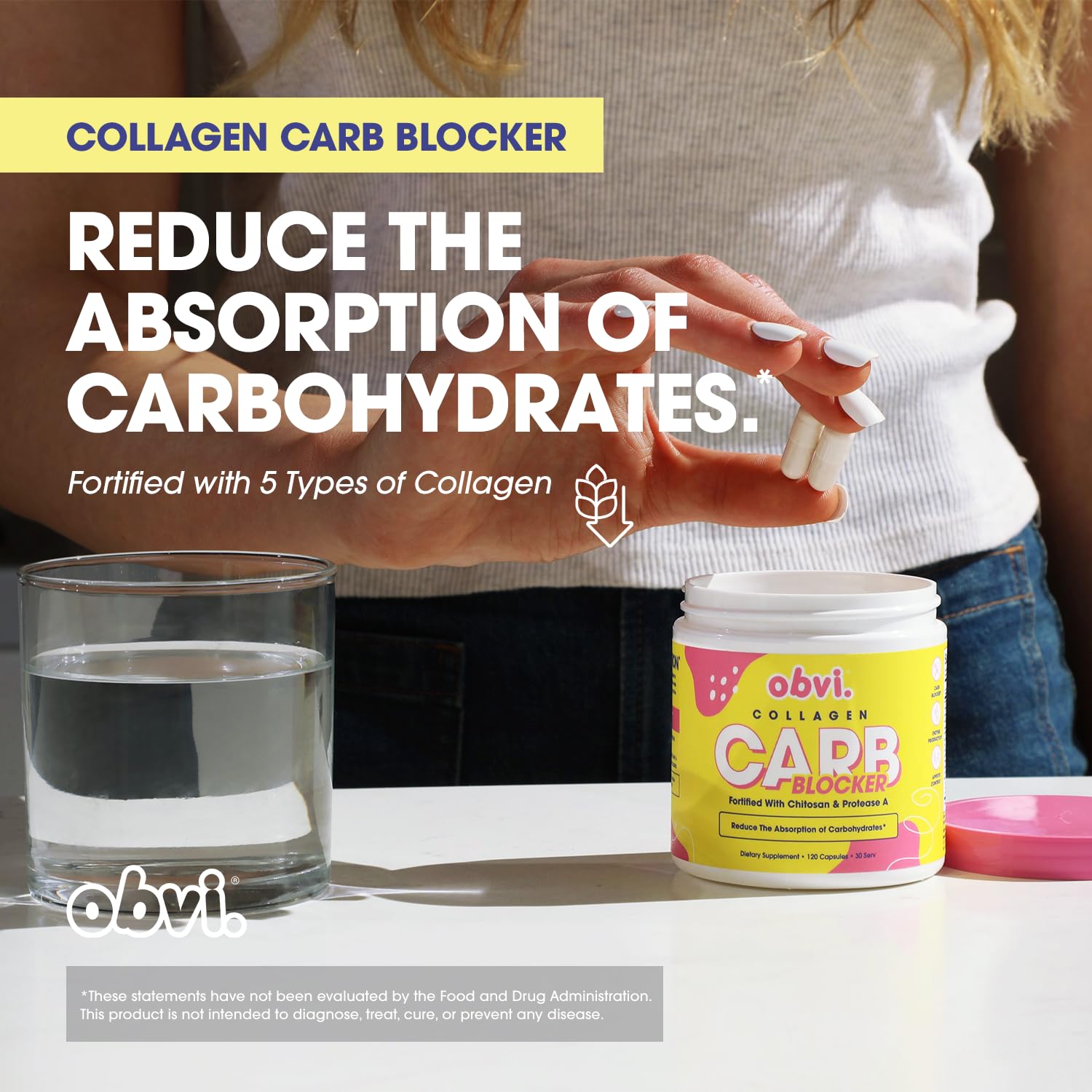 Obvi Guilt-Free Carb Blocker ingredients label highlights white kidney bean extract and key ingredients.